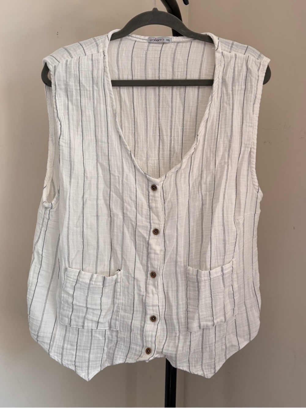 Sleeveless Striped Button-Front Tank Top - White with Navy Stripes